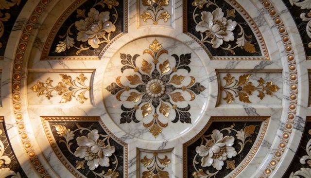 Opulent marble medallion ceiling with gold-gilded floral inlay and baroque symmetry detail