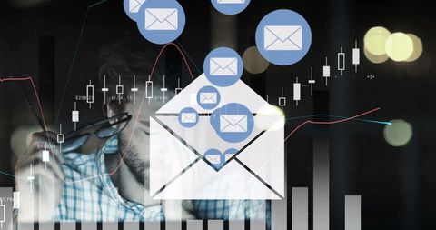 Digital communication through email icons over business graphs