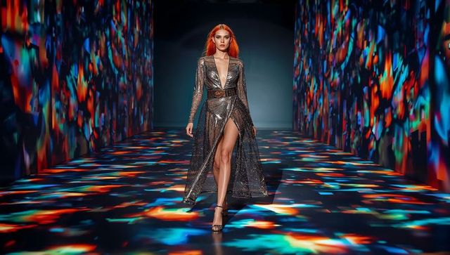 Red-haired model striding down projection-lit runway wearing metallic high-slit couture gown