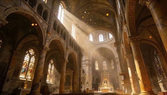 Sunbeams illuminating gilded altar in historic cathedral nave