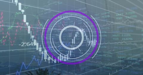 Circular scanner over financial data and cityscape panorama