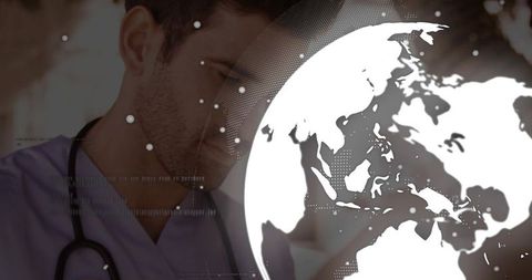 Doctor with Digital Globe Overlay Illustrating Global Healthcare Reach