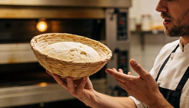 Baker presenting risen sourdough in banneton basket near commercial oven