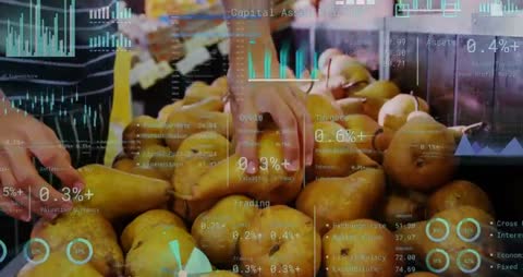 Augmented Reality Guide Showing Hands Inspecting Pears with Live Trading Data Overlays