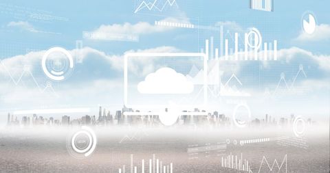 Digital interfaces with graphs pivot through cityscape