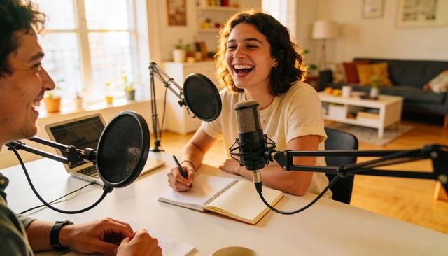Laughing female podcast host recording conversation in home studio with notebook and laptop
