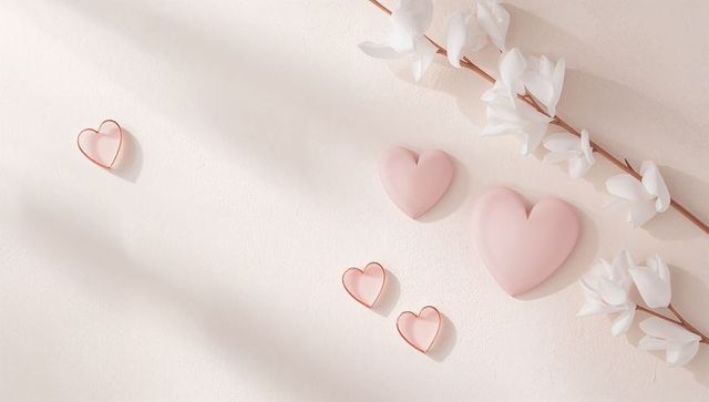 Soft pink hearts and rose gold wire hearts with white blossom for romantic minimalist scene