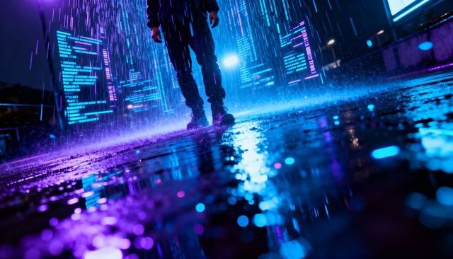 Cyberpunk night walk on wet neon street with holographic code panels and rain reflections