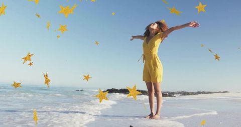 Joyful Woman in Yellow Dress Embracing Freedom on Beach