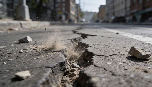 Cracked urban asphalt fissure throwing gravel and dust closeup for pavement repair