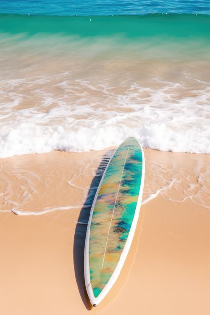 Colourful surfboard lying on sunny beach, created using generative ai technology. Surfing, sports, hobbies and vacation concept digitally generated image.