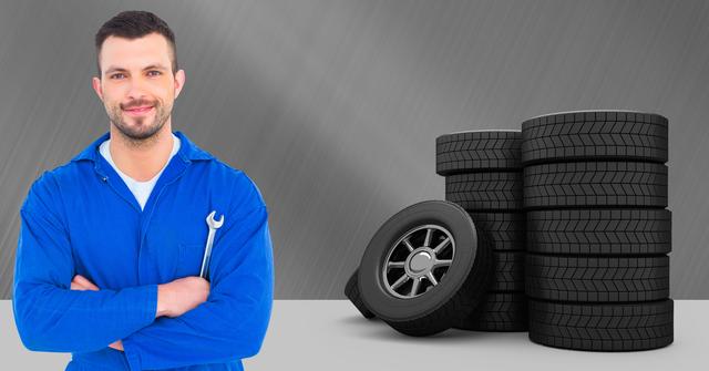 Portrait of a smiling automotive mechanic standing with crossed arms in a blue jumpsuit. Behind him stacks of tires against a grey background. Ideal for use in advertising automotive services, repair shops, and vehicle maintenance promotions.
