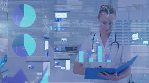 Female Doctor Analyzing Financial Data with Digital Interface