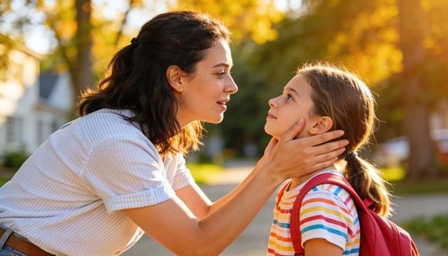 Mother comforting daughter before school on sunny suburban street