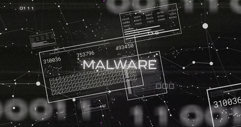 Malware alert on futuristic cybersecurity dashboard with schematic keyboard overlay