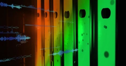 Translucent gradient panels with circular cutouts and cyan waveform overlays futuristic