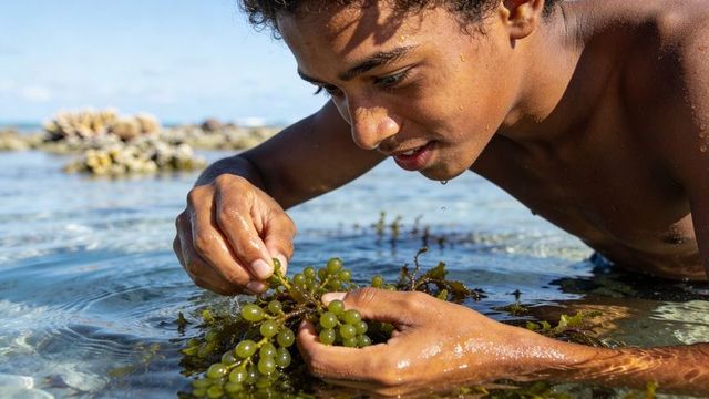 Shirtless teen examining green sea grapes in sunlit tidal pool along tropical reef