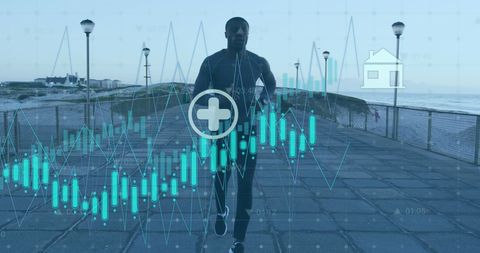 AI Technology Overlays on Athlete Running at Seaside