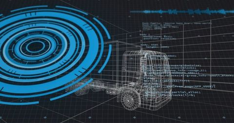 Rotating wireframe semi-truck cab and chassis with cyan hud rings cad simulation interface