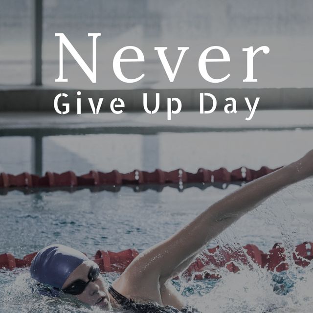Digital composite image of female caucasian swimmer swimming in pool with never give up day text. Copy space, believing yourself, motivation, willingness to accept failure, inspiration.