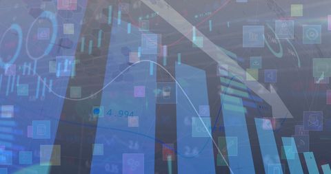 Analytics concept showing descending graphs with technology interface
