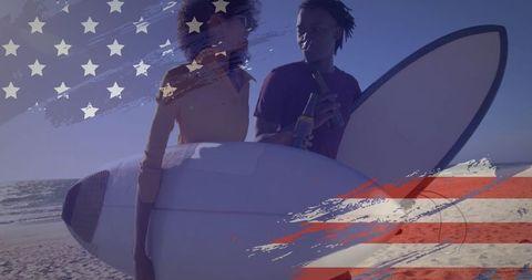 Diverse Couple Enjoying Beach Day with Surfboards at Sunset