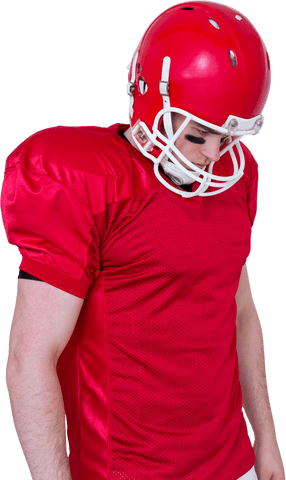 Transparent unsmiling american football player in red uniform