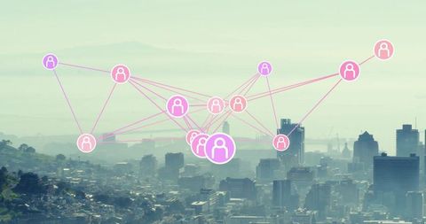 Futuristic Connectivity Network in Urban Skyline at Dawn