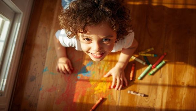Smiling child kneeling on sunlit wooden floor scribbling with crayons colorful playful mood
