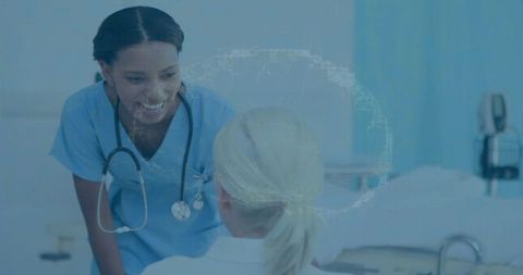 Nurse leaning over patient at hospital bed with brain diagram overlay for neurology care