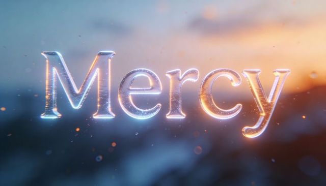 Glowing glass mercy lettering with rim lighting, water droplets and cinematic bokeh