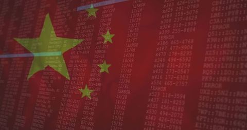 Chinese flag overlay on digital code with errors and data columns