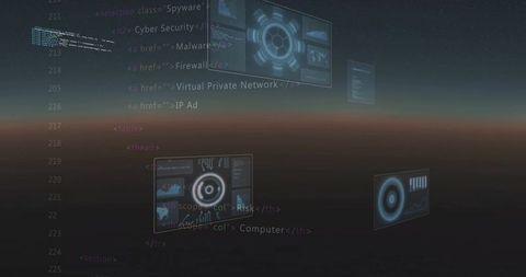 Floating Holographic HUD Displaying Cybersecurity Code and Analytics Above Dusk Horizon