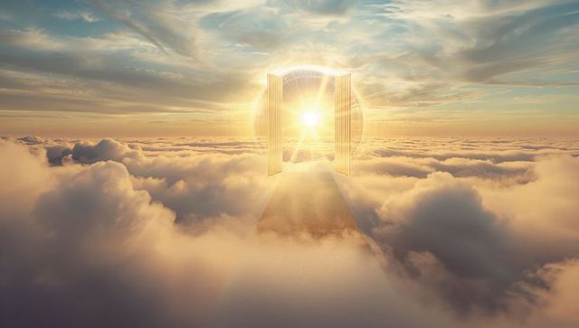 Golden gateway to sunlit path through clouds at dawn, ethereal surreal dreamscape