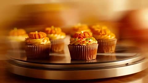 Rotating Pumpkin Cupcakes on Turntable with Autumn Frosting