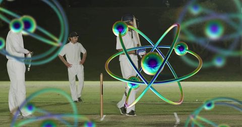 Night cricket batter with neon atomic orbitals overlay — futuristic sports concept