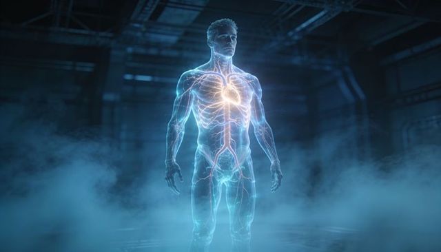 Holographic male anatomy with glowing heart and vascular network in futuristic lab