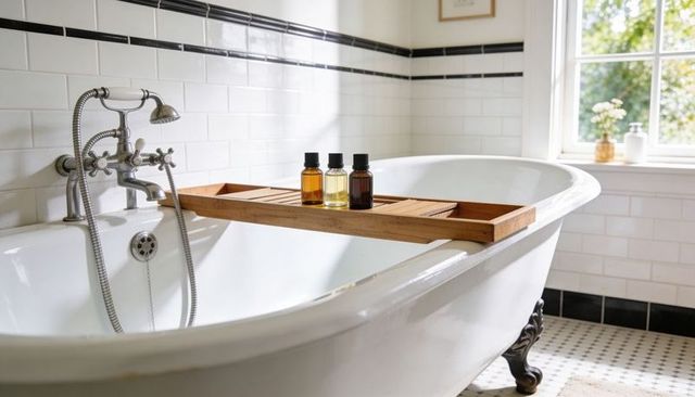 White clawfoot bathtub featuring wooden tray holding bath oils and vintage chrome faucet