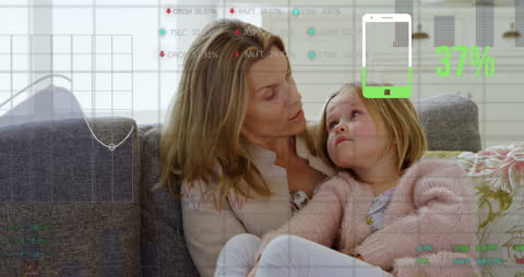 Mother and Daughter Amid Financial Technology Interface