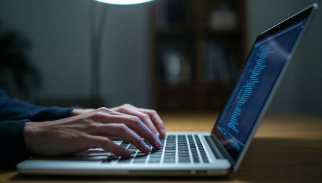 Hands Typing Code on Laptop at Home Desk, Nighttime Programming Focus and Productivity