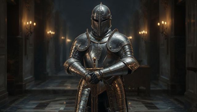 Standing armored knight holding longsword in candlelit great hall polished full plate armor