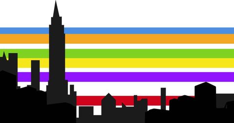 City Skyline with Pride Rainbow in Horizontally Striped Background