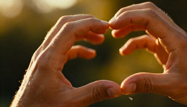 Hands forming heart silhouette at golden hour with water droplet, warm bokeh rimlight
