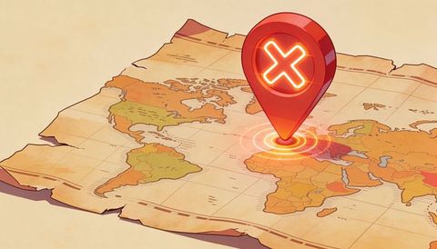 Hovering red location marker pinpointing europe on antique parchment world map