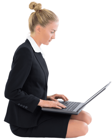 Caucasian Businesswoman Working on Laptop with Transparent Background