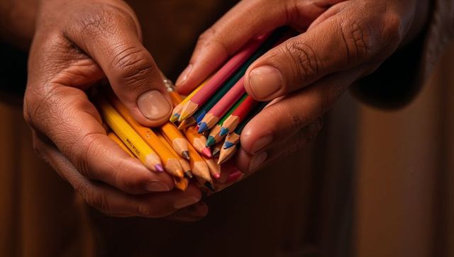 Adult hands holding sharpened colored pencils in warm studio light, creative closeup