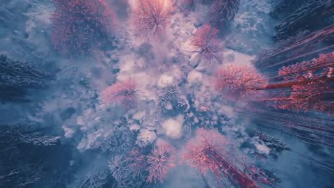 Mystical Winter Drone Journey Over Frosty Forest with Ethereal Glow