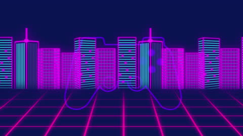 Retro Neon Cityscape with Game Controller