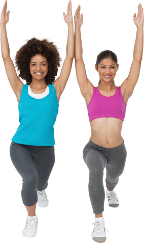 Two women performing lunges in transparent gym wear