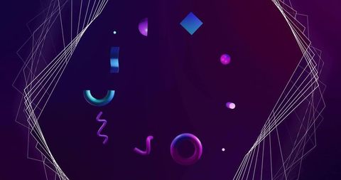 Floating neon geometric shapes drifting across deep violet gradient with wireframe edges